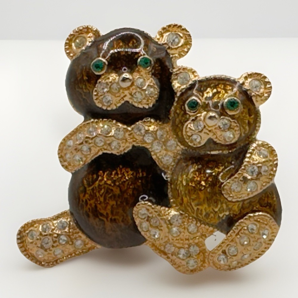 Roman Bears Enamel Brooch Rhinestones Green Eyes Pin Vintage Gold Tone